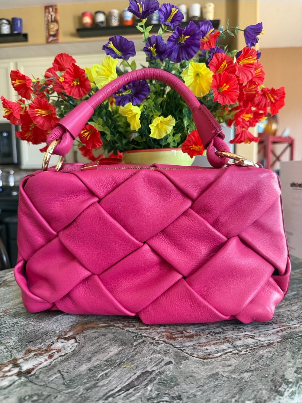 Woven Leather Top-Handle Bag in Hot Pink